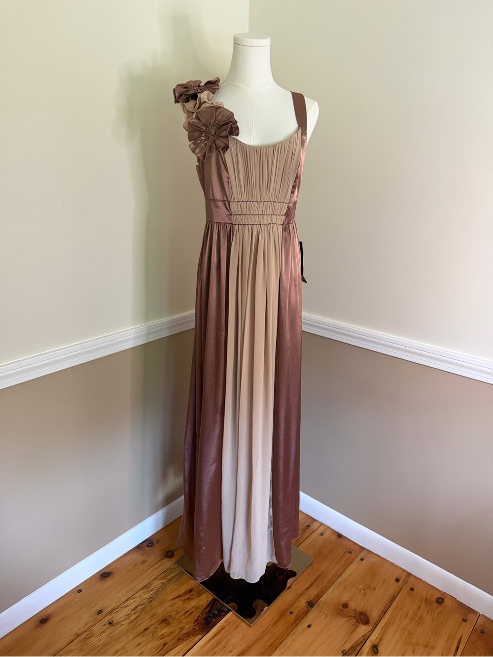 Spiegel Dusty Rose Pleated Maxi Dress with Floral Accent Vintage Prom Bridesmaid